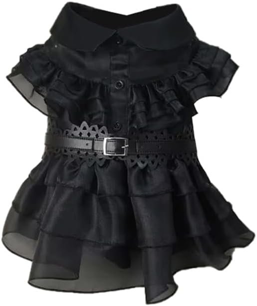 Pet Dog Cat Wednesday Dress Addams Costume Cosplay Cute Puppy Kitten Black Coat Clothes with Belt Halloween Party Dress up Pretend Play for Small Medium Dogs