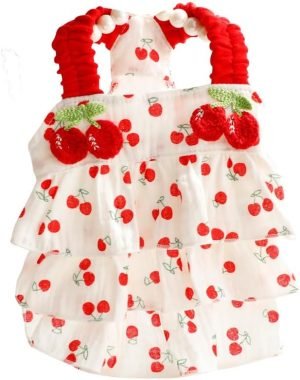 Dog Princess Dresses for Small Dogs Clothes Cherry Costume Pet Suspenders Girl Cat Cute Lace Coat Floral Outfits Summer Costumes (M,Cherry)