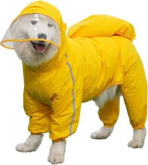 Dog Raincoat, 4 Legs Large Dog Rain Jacket with Reflective Stripe,Dog Hooded Waterproof Raincoats for Big Dogs,Large Breeds Dogs Rain Jackets with Legs,Tail- Male Dog (Yellow,12XL)