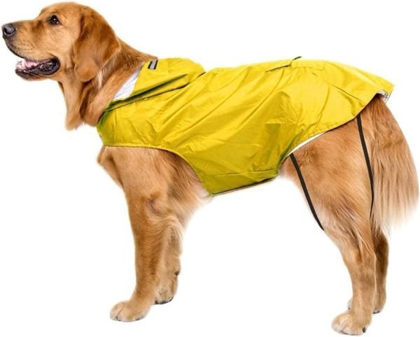 Dog Raincoat with Adjustable Belly Strap and Leash Hole - Hoodie with Reflective Strip - Waterproof Slicker Lightweight Breathable Rain Poncho Jacket for Medium Large Dogs - Easy to Wear, Yellow 5XL