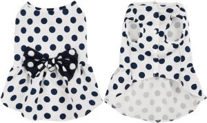 Cute Polka Dots Cat Small Dog Dress with Bow Tie Summer Clothes with D-Ring on The Back for Puppy Cat(White with Navy Dots, X-Small)