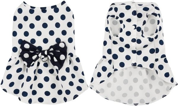 Cute Polka Dots Cat Small Dog Dress with Bow Tie Summer Clothes with D-Ring on The Back for Puppy Cat(White with Navy Dots, X-Small)