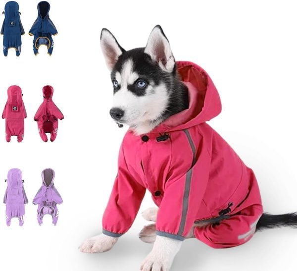 Dog Raincoat, Dog Rain Jacket for Puppy Dog with Hat, Small Dog Lightweight Raincoat, Waterproof Rain Jacket with Reflective Strip. (Purple, Medium)