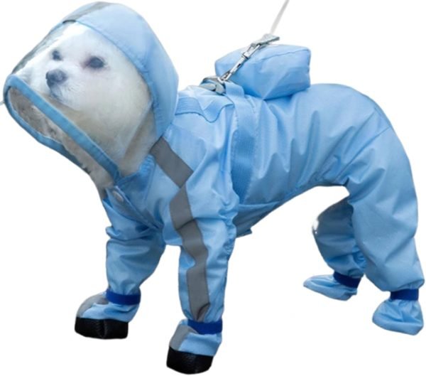 Dog Raincoat, Clear Hooded Raincoat, Portable Waterproof Poncho with Reflective Trim and Storage Bag for Small Dogs, Medium Dogs, Large Dogs. (Small, Clouds-Blue)