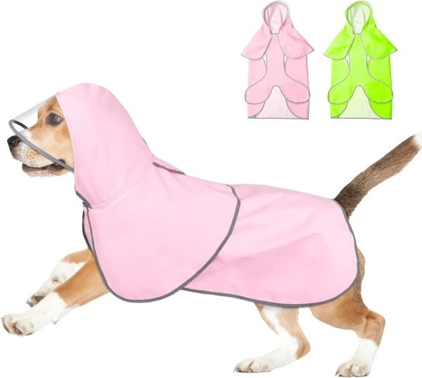Reflective Dog Raincoat - Waterproof Dog Rain Jacket Hooded Poncho Lightweight Dog Rain Coat with Transparent Cap Brim (Medium, Pink)