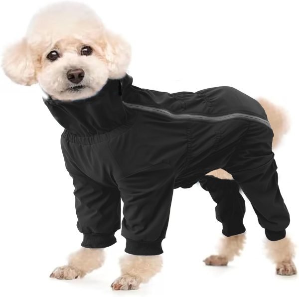 Dog Winter Coat with Legs,Water Resistant Dog Jumpsuit,Full Body Dog Clothes,Fleece Lined Dog Jacket,Reflective Zipper up Closure Snowsuit Ideal for Small Medium Dog Outdoor-Black-S