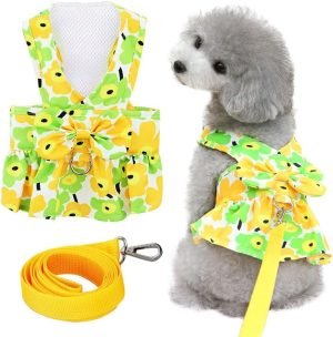Dog Dresses for Small Dogs Girl Puppy Dresses with Leash Bow Harness Dress for Small Medium Dogs Summer Pet Floral Dresses with D-Ring Female(Yellow S)