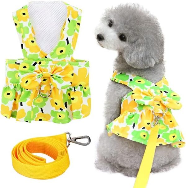 Dog Dresses for Small Dogs Girl Puppy Dresses with Leash Bow Harness Dress for Small Medium Dogs Summer Pet Floral Dresses with D-Ring Female(Yellow S)
