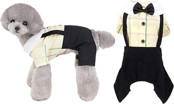 61By94yB6sL._AC_SL1500 Yellow Dog Overalls Pet Couples Dress Pant Plaid Puppy T-Shirts Jumpsuit Clothes for Small Medium Dogs Cats for Party Birthday, M