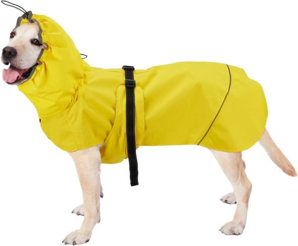 Dog Raincoat with Adjustable Belly Strap and Leash Hole - Hoodie with Reflective Strip - Waterproof Slicker Lightweight Breathable Rain Poncho Jacket for Medium Large Dogs - Easy to Wear, Yellow 5XL