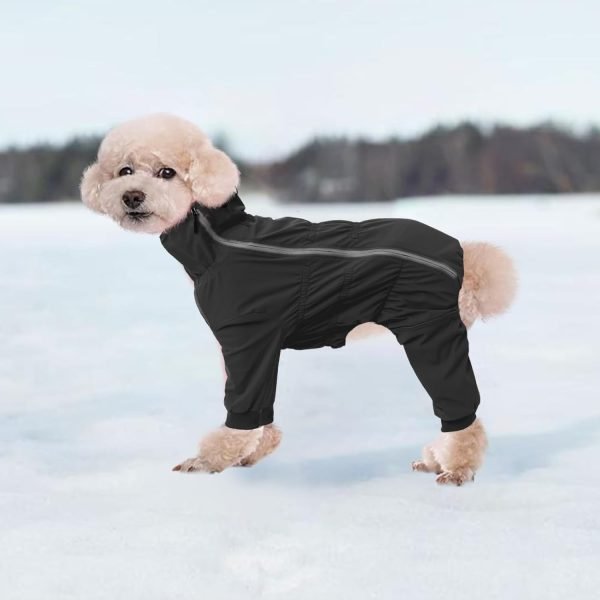 Dog Winter Coat with Legs,Water Resistant Dog Jumpsuit,Full Body Dog Clothes,Fleece Lined Dog Jacket,Reflective Zipper up Closure Snowsuit Ideal for Small Medium Dog Outdoor-Black-S