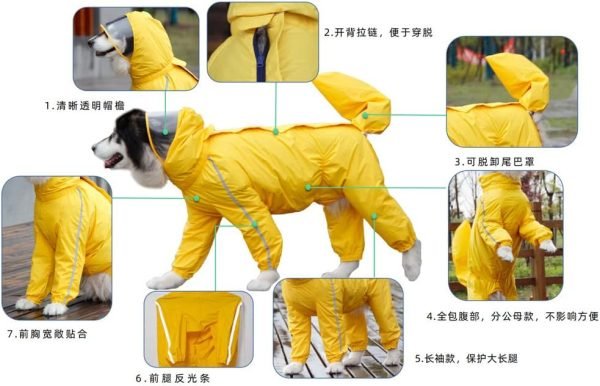 Dog Raincoat, 4 Legs Large Dog Rain Jacket with Reflective Stripe,Dog Hooded Waterproof Raincoats for Big Dogs,Large Breeds Dogs Rain Jackets with Legs,Tail- Male Dog (Yellow,12XL)