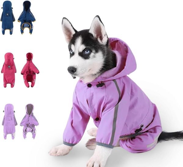 Dog Raincoat, Dog Rain Jacket for Puppy Dog with Hat, Small Dog Lightweight Raincoat, Waterproof Rain Jacket with Reflective Strip. (Purple, Medium)