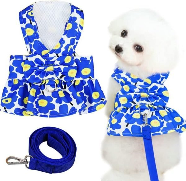Dog Dresses for Small Dogs Girl Puppy Dresses with Leash Bow Harness Dress for Small Medium Dogs Summer Pet Floral Dresses with D-Ring Female(Yellow S)