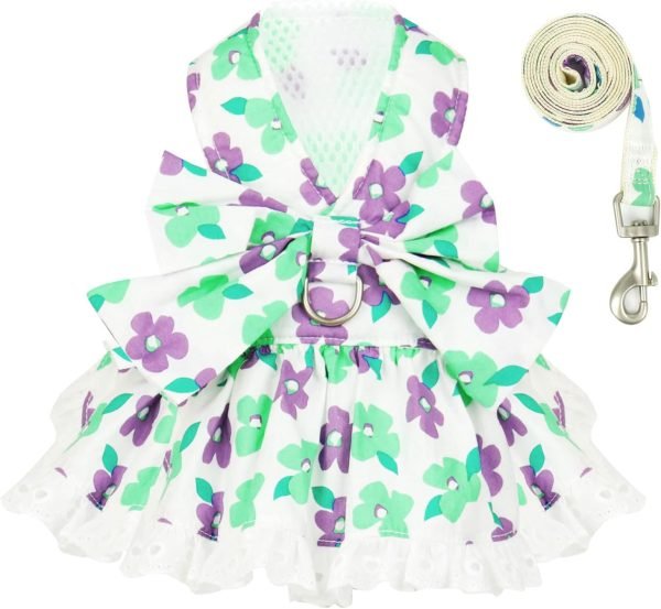 Cute Floral Dog Harness Dress and Leash Set for Small Dog Cats Girl Puppy Bowknot Princess Birthday Dress Summer Female Pet Small Dog Clothes Lace Doggie Kitten Outfits Apparel(Red,XS)