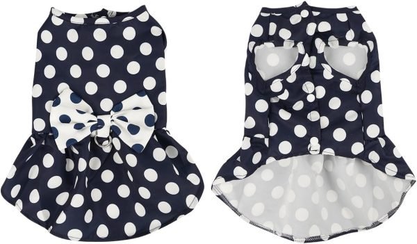 Cute Polka Dots Cat Small Dog Dress with Bow Tie Summer Clothes with D-Ring on The Back for Puppy Cat(White with Navy Dots, X-Small)