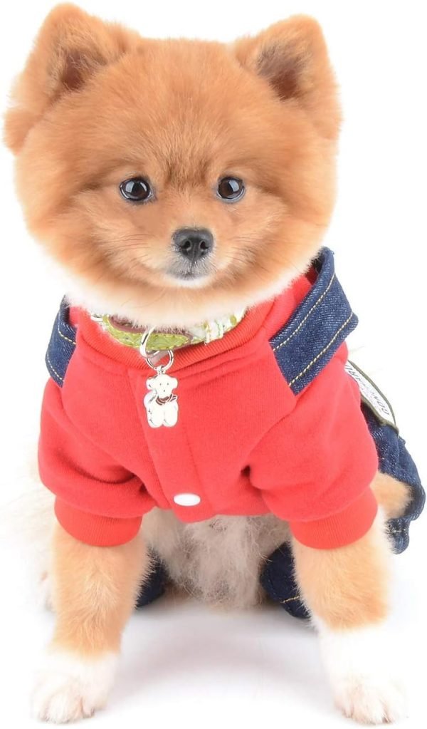 SELMAI Dog Outfits for Small Dogs Boy Girl Spring Shirts Denim Bib Pants 2 Pockets Jumpsuits One Piece Apparel for Cats Puppies Chihuahua Clothes Adorable Overall for Medium Pet 4 legs Autumn Red XS
