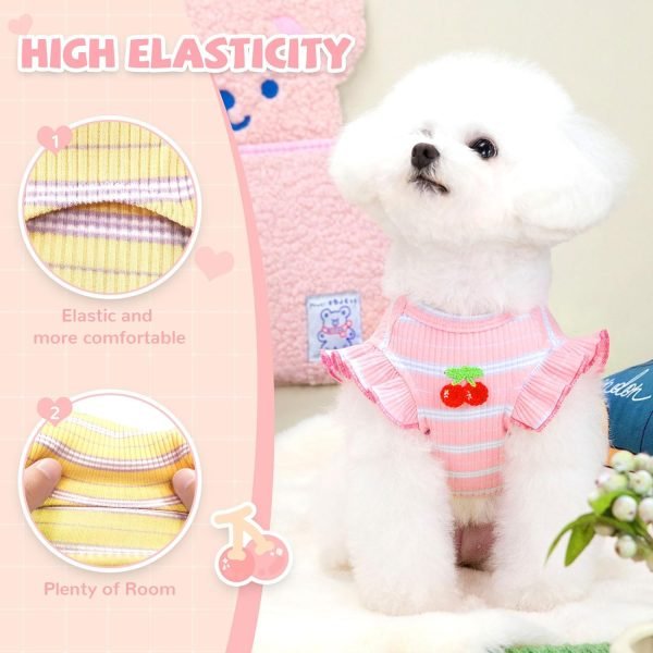 2 Pack Striped Small Dog T Shirt Cute Cherry Girl Dog Clothes for Small Dogs Cats Breathable Soft Cotton Pet Puppy Sleeveless Vest Spring Summer Doggy Outfits（Pink+Yellow,Small）