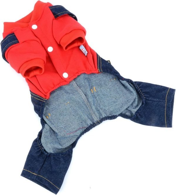 SELMAI Dog Outfits for Small Dogs Boy Girl Spring Shirts Denim Bib Pants 2 Pockets Jumpsuits One Piece Apparel for Cats Puppies Chihuahua Clothes Adorable Overall for Medium Pet 4 legs Autumn Red XS