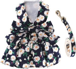 Dog Dress Bowknot Harness Leash Set for Small Dogs Cats Daisy Floral Girl Dog Dresses Cute Puppy Princess Clothes Pet Doggy Outfits Spring Summer Breathable Dresses(Small, Navy Blue)