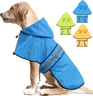 Dog Raincoat-Reflective Dog Rain Coat with Hoodie, Waterproof Lightweight Adjustable Dog Rain Jacket Poncho Slicker for Small Medium and Large Dogs (Medium, Blue)