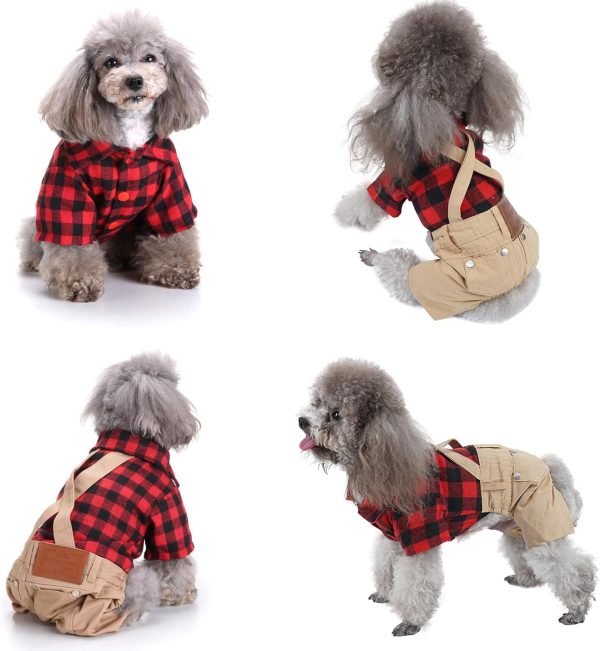 Small Dog Clothes Red Plaid Shirt Khaki Overalls Pants Jumpsuit Outfits Cool Pet Clothes for Small Dogs Cats Boy Girl, Jeans Onesies Pjs Apparel Halloween Christmas Costume Birthday Party Dress