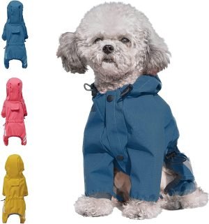 Waterproof Puppy Dog Raincoats with Hood for Small Medium Dogs,Poncho with Reflective Strap, Lightweight Jacket with Leash Hole(M, Blue)