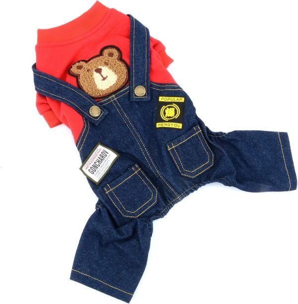 SELMAI Dog Outfits for Small Dogs Boy Girl Spring Shirts Denim Bib Pants 2 Pockets Jumpsuits One Piece Apparel for Cats Puppies Chihuahua Clothes Adorable Overall for Medium Pet 4 legs Autumn Red XS