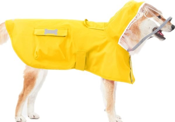 Dog Waterproof Raincoat with Poncho Hoodie, High Reflective Adjustable Yellow Pet Rain Jacket with Leash Hole for Small Medium and Large Dogs (Yellow, XXXX-Large)