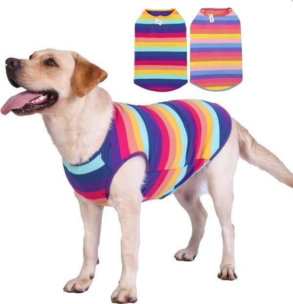 718S4D8pEBL._AC_SL1500 Dog Shirts Cotton Striped T-Shirts, Breathable Basic Vest for Puppy and Cat, Super Soft Stretchable Doggy Tee Tank Top Sleeveless, Fashion & Cute Color for Boys and Girls (XXL, Rainbow)