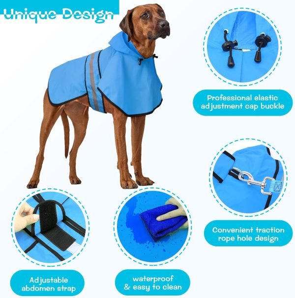 719XmiXDfHL._AC_SL1500 Dog Raincoat-Reflective Dog Rain Coat with Hoodie, Waterproof Lightweight Adjustable Dog Rain Jacket Poncho Slicker for Small Medium and Large Dogs (Medium, Blue)