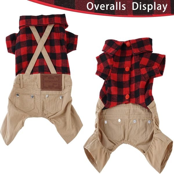 Small Dog Clothes Red Plaid Shirt Khaki Overalls Pants Jumpsuit Outfits Cool Pet Clothes for Small Dogs Cats Boy Girl, Jeans Onesies Pjs Apparel Halloween Christmas Costume Birthday Party Dress