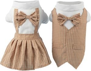 Beige Dog Overalls Couple Striped Puppy Clothes Pet Dress Pant T-Shirts Jumpsuit for Small Medium Dogs Cats, M