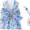 Dog Dress Bowknot Harness Leash Set for Small Dogs Cats Daisy Floral Girl Dog Dresses Cute Puppy Princess Clothes Pet Doggy Outfits Spring Summer Breathable Dresses(Small, Navy Blue)