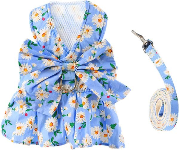 Dog Dress Bowknot Harness Leash Set for Small Dogs Cats Daisy Floral Girl Dog Dresses Cute Puppy Princess Clothes Pet Doggy Outfits Spring Summer Breathable Dresses(Small, Navy Blue)