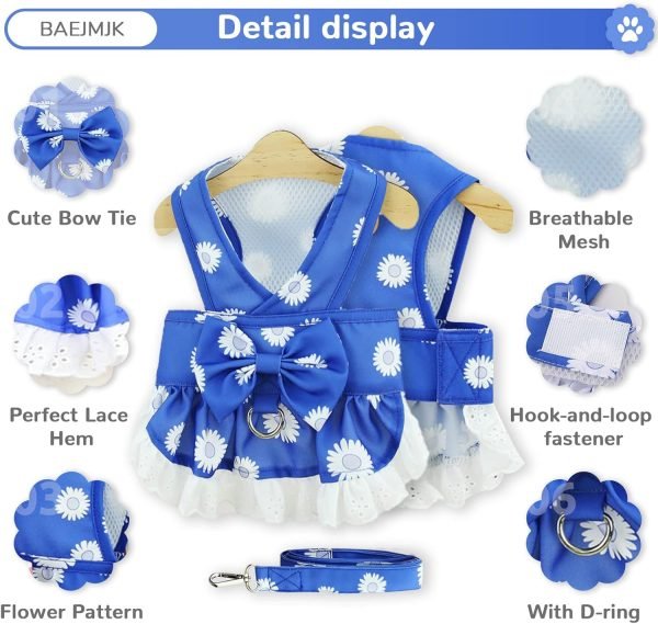 Dog Dress Harness and Leash Set for Small Dogs Floral Bow Tie Girl Puppy Dress Breathable Cute Princess Dog Dresses Spring Summer Pet Cat Clothes Skirt(Dark Blue,Medium)