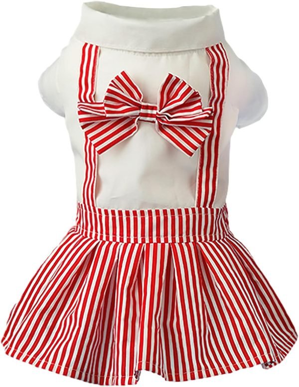 Red Dog Dresses with Bowtie Puppy Overalls Striped Pet Jumpsuit Casual Clothes Outfits for Small Dogs Cats, XL