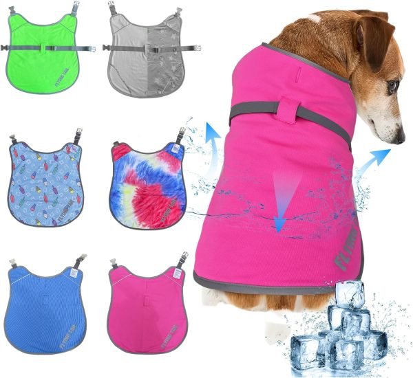 Dog Clothes Summer Cool Down, 3 Layers Special Water Cooling Materials, Reversible, Wet Reveal, Reflective Dog Cooling Vest Dog Coat, Having Dog Harness Hole for Small Medium Large Dog