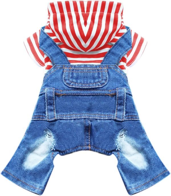 Small Dog Hoodie Clothes Cute Stripe Shirts Denim Jumpsuit One-Piece Outfit for Small Medium Dogs Cats Boy Girl Chihuahua Blue Jeans Overalls Puppy Costume (Blue,M)