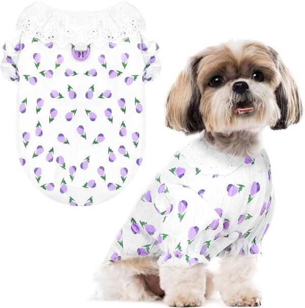 Cute Dog Clothes for Small Dogs Shirts Pajamas Pink Floral Pet Jumpsuit for Girls Boys Puppy Cat Outfits with Harness D Ring Doggy Overalls Clothing for Shih tzu Teacup Chihuahua Maltese