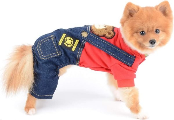 SELMAI Dog Outfits for Small Dogs Boy Girl Spring Shirts Denim Bib Pants 2 Pockets Jumpsuits One Piece Apparel for Cats Puppies Chihuahua Clothes Adorable Overall for Medium Pet 4 legs Autumn Red XS