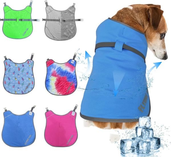 Dog Clothes Summer Cool Down, 3 Layers Special Water Cooling Materials, Reversible, Wet Reveal, Reflective Dog Cooling Vest Dog Coat, Having Dog Harness Hole for Small Medium Large Dog