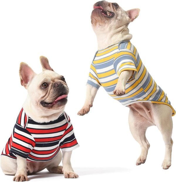 71LTuW_RXHL._AC_SL1500 Dog Shirts Cotton Striped T-Shirt, Summer Pet Clothes for Small Dogs, 2-Pack Soft Puppy Apparel Cat Tee, Breathable Stretchy, Blue Yellow XL