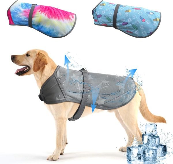 Dog Clothes Summer Cool Down, 3 Layers Special Water Cooling Materials, Reversible, Wet Reveal, Reflective Dog Cooling Vest Dog Coat, Having Dog Harness Hole for Small Medium Large Dog