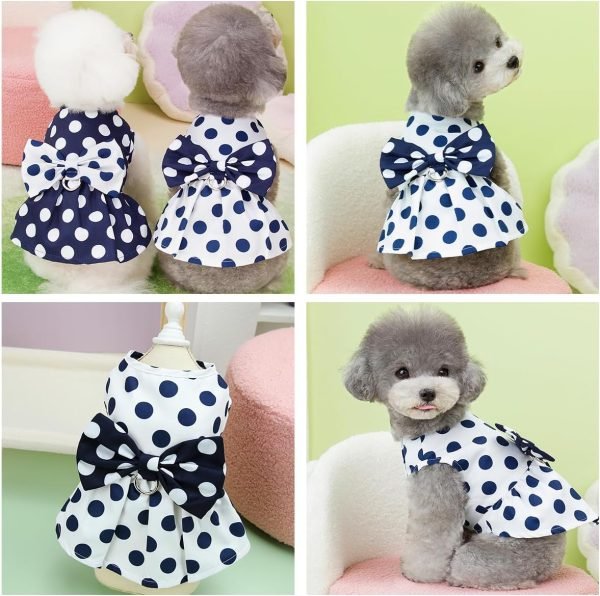 Cute Polka Dots Cat Small Dog Dress with Bow Tie Summer Clothes with D-Ring on The Back for Puppy Cat(White with Navy Dots, X-Small)