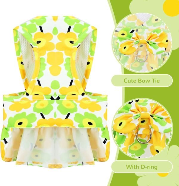 Dog Dresses for Small Dogs Girl Puppy Dresses with Leash Bow Harness Dress for Small Medium Dogs Summer Pet Floral Dresses with D-Ring Female(Yellow S)