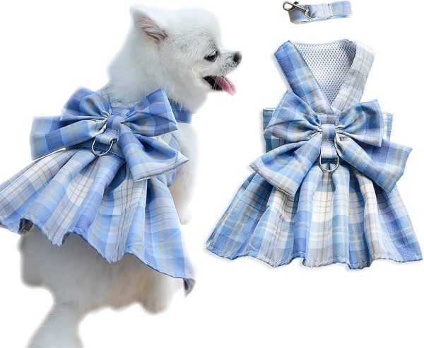 71PjDTtvaWL._AC_SL1200 Cute Dog Dress, Plaid Harness Leash Set for Small Dogs Cats, Spring Summer Girl Princess Dog Bow Tie Dresses, Puppy Outfits Yorkie Chihuahua Dog Clothes for Wedding Festive Everyday Use