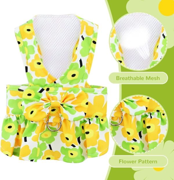 Dog Dresses for Small Dogs Girl Puppy Dresses with Leash Bow Harness Dress for Small Medium Dogs Summer Pet Floral Dresses with D-Ring Female(Yellow S)