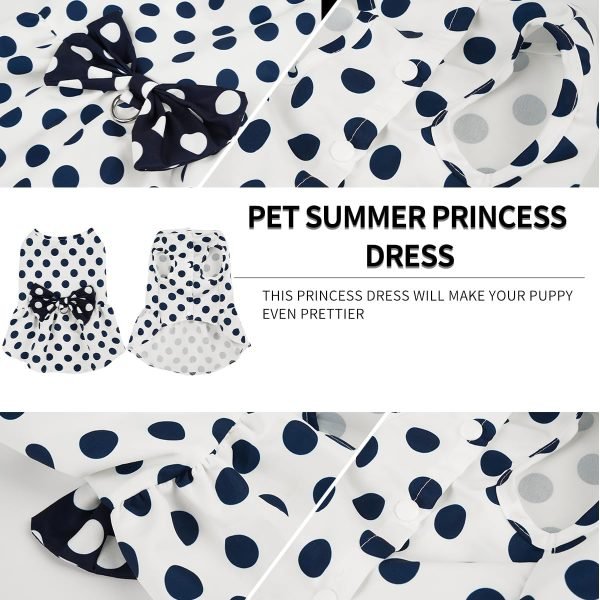 Cute Polka Dots Cat Small Dog Dress with Bow Tie Summer Clothes with D-Ring on The Back for Puppy Cat(White with Navy Dots, X-Small)