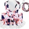 Dog Dress Harness and Leash Set for Small Dogs Floral Bow Tie Girl Puppy Dress Breathable Cute Princess Dog Dresses Spring Summer Pet Cat Clothes Skirt(Dark Blue,Medium)